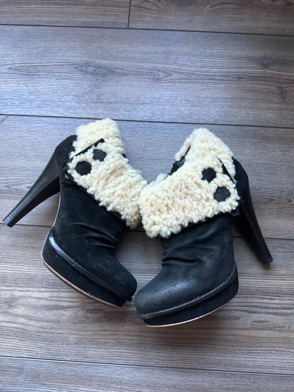 UGG Black Suede Shearling Cuff High Heel Platform Ankle Boots Size 8